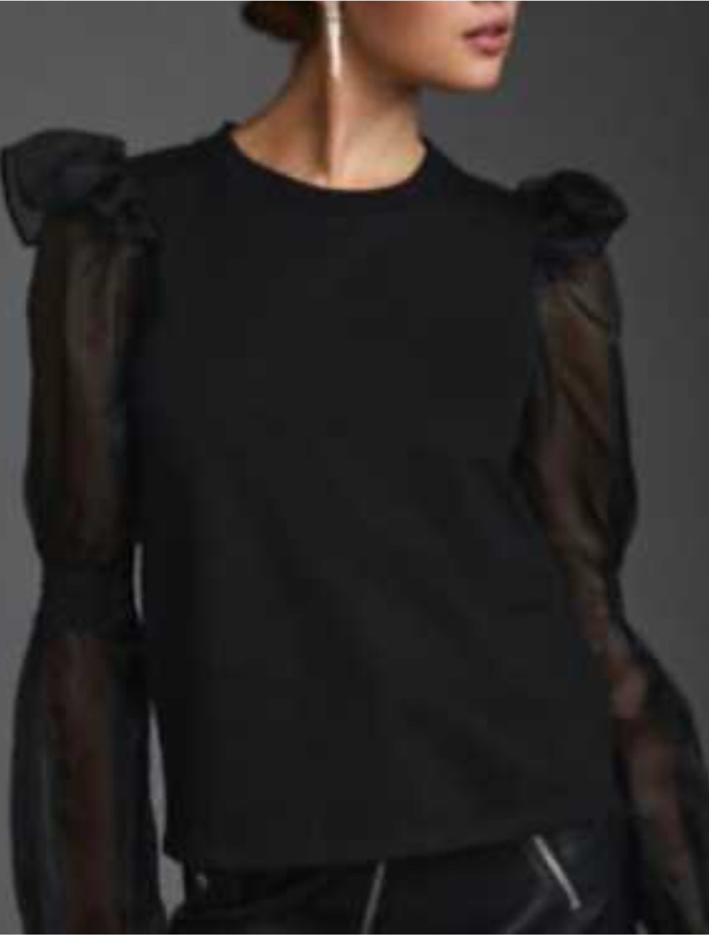 Anthropologie Black Puff-Sleeve Sheer Long-Sleeve Knit Top
